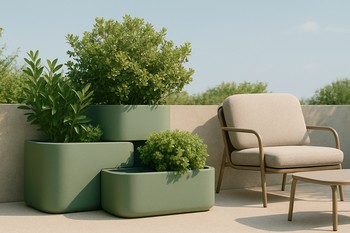 Rectangular planter blocks arranged beside lounge modules on a lawn
