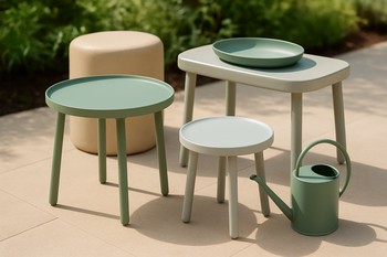 Cluster of small outdoor side tables in different heights on grass