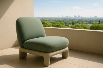 Compact balcony lounge chair facing a wide city and tree view