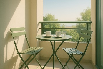 Tiny balcony with two folding chairs and a round table set for morning coffee