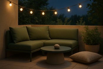 Balcony set lit by string lights with cushions and a low side table