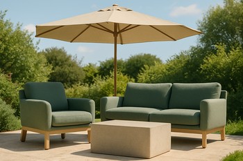 Garden dining group under a wide shade sail in bright sun
