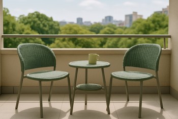 Compact balcony set with two chairs and a tiny table above city greenery