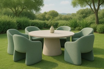 Outdoor dining table with rounded chairs set on trimmed grass