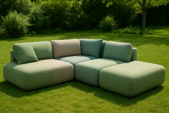 Low modular lounge set arranged as a wide island on a green lawn