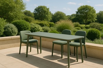 Slim rectangular dining table placed along the edge of a terrace