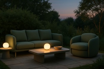 Evening garden scene with GardenNest lounge and dining pieces under warm light