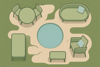 Simple top view lawn plan with soft furniture blocks drawn in
