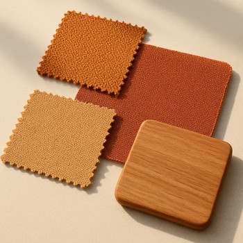 Outdoor lounge set in warm teak with sage and sand cushions on grass