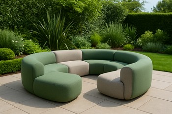 Loop of lounge and dining pieces making a soft rectangle on a terrace