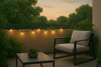 String lights wrapped lightly around a balcony rail above dark greenery