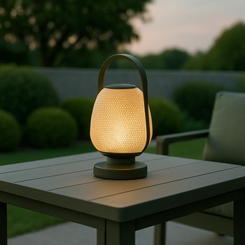 Low outdoor table with a soft-glowing lantern between two lounge chairs