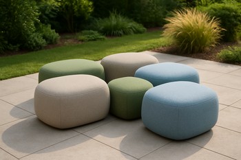 Cluster of outdoor ottomans grouped as a flexible low seating area