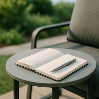Notebook with a simple garden sketch beside outdoor fabric swatches