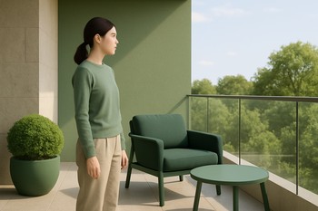 Slim balcony chair aligned with a low rail and compact table