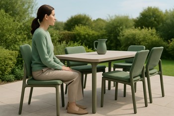 Side view of a dining chair and table showing matching seat and table heights