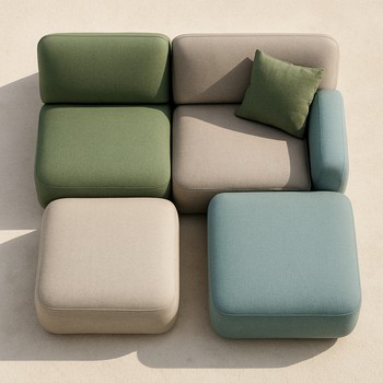 Top view of a modular outdoor sofa set with a person stretching their legs