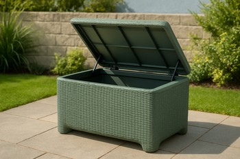 Outdoor storage bench with open lid showing neatly stored cushions