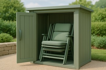 Stack of slim folding chairs leaning against a garden wall