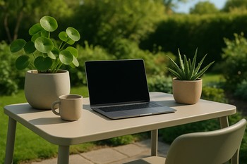 Round garden table with notebook and glass of water between plants