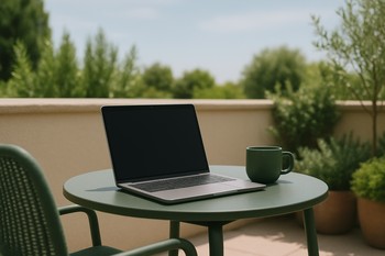 Slim outdoor desk with a laptop and stool placed along a terrace railing