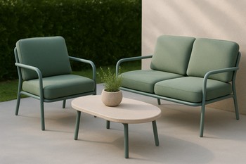 Small outdoor setup with a two-seat sofa and low table on grass