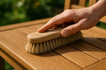 Hand brushing wooden outdoor slats above green groundcover