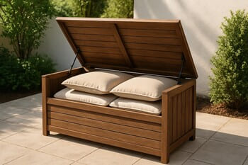 Storage bench with cushions lifted to hide outdoor accessories inside