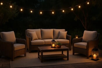 Evening view of a complete outdoor lounge set with warm lights on the grass