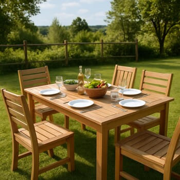Outdoor dining set with wooden table and four chairs on a grassy terrace