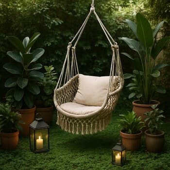 Hammock chair surrounded by potted plants and lanterns on green groundcover