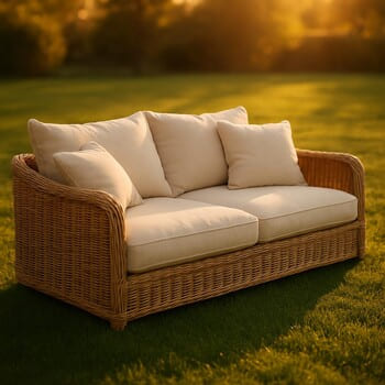 Low rattan lounge sofa with soft cream cushions on a trimmed green lawn