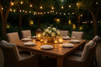Outdoor dining table set in the middle of a lawn with simple chairs