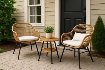 Two compact chairs near a doorway with soft light spilling onto the grass