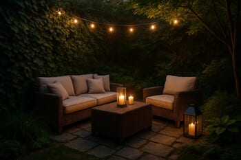 Low lounge chair and small table tucked into a leafy corner of the garden
