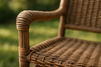 Rounded wooden armrest meeting a cushion edge over trimmed lawn