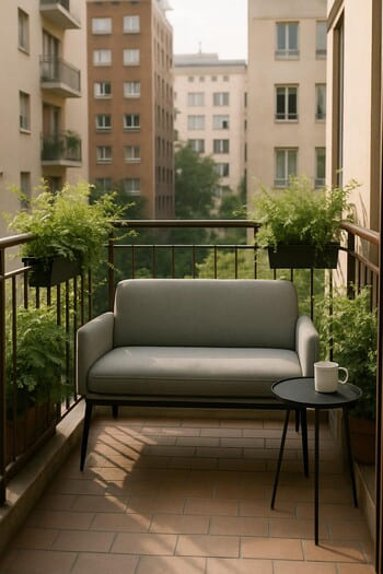 Compact balcony with a slim loveseat and side table framed by railing planters