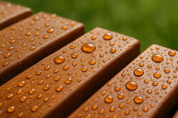 Close-up of warm teak slats with fine rain marks against blurred green grass