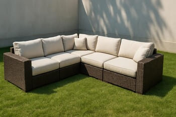 L-shaped outdoor corner set built from separate modules on a small lawn