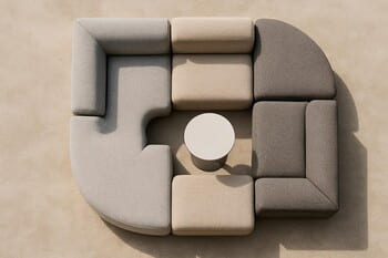Top view of outdoor modules arranged around a small round side table