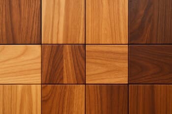 Selection of outdoor wooden samples in warm and cool tones on grass