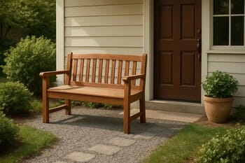 Narrow outdoor bench placed just outside a glass door above green groundcover