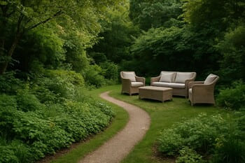 Low lounge chair tucked into a far garden corner surrounded by plants