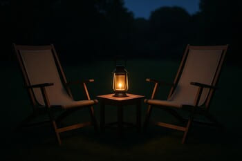 Two lounge chairs facing a lantern-lit side table on dark lawn