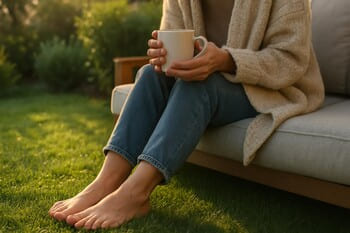 Person holding a mug while sitting on a low garden sofa with bare feet on the grass