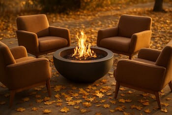 Low armchairs around a fire bowl with golden autumn leaves nearby
