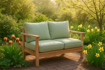 Compact garden sofa with pale green cushions beside fresh spring plants