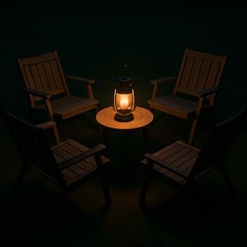 Low outdoor chairs circling a lantern-lit side table on dark green ground