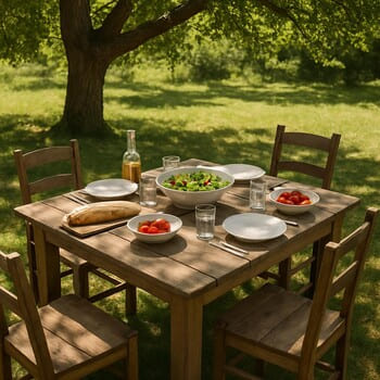 Wooden garden table set for lunch under a tree with patchy shade on the grass