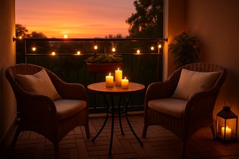Two balcony chairs facing each other with a lantern on a tiny table